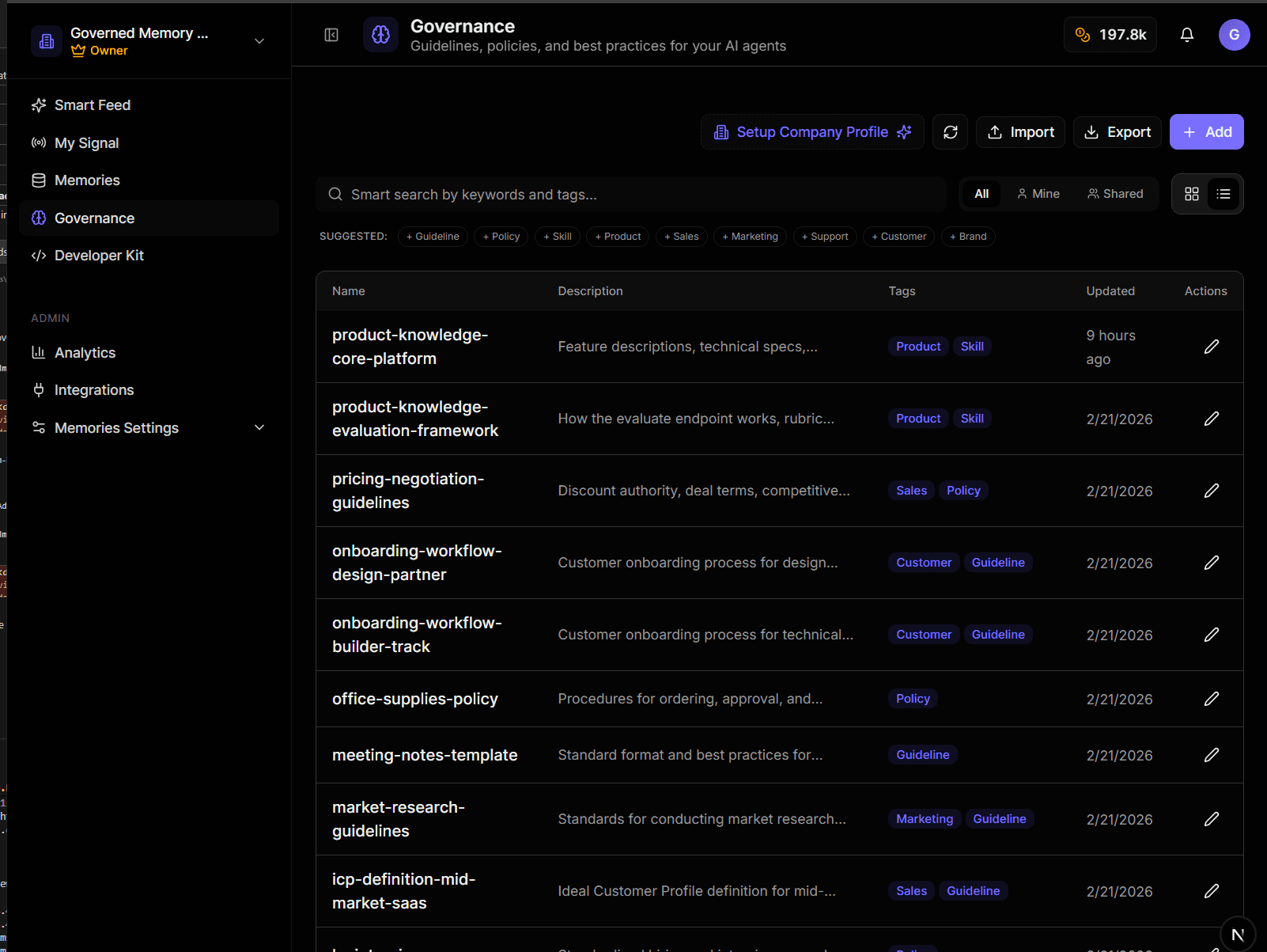 Governance Dashboard - Unified context and memory layer for AI agents